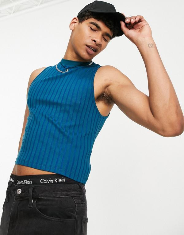 ASOS DESIGN muscle singlet in blue two tone rib with cut out back