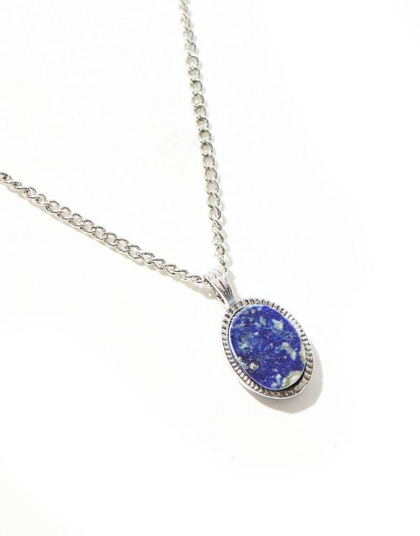 ASOS DESIGN necklace with blue lapis semi-precious oval pendant in silver tone