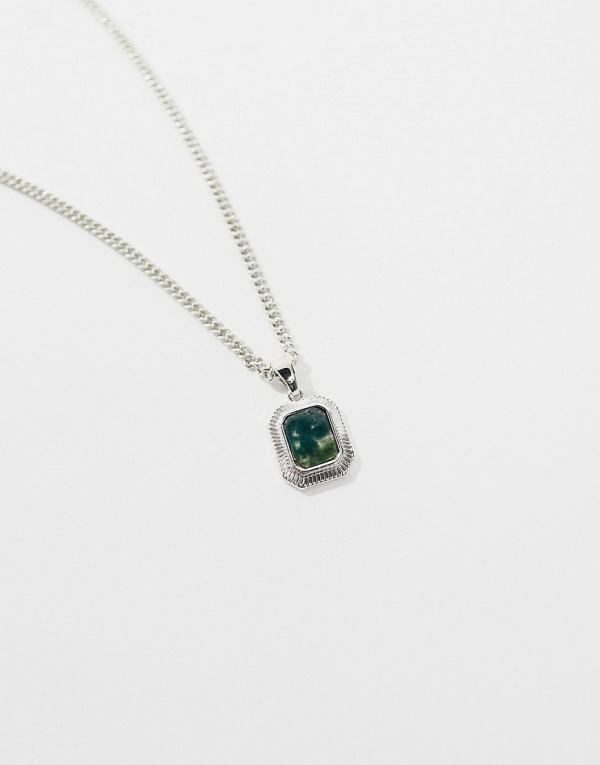ASOS DESIGN necklace with square semi-precious moss agate stone pendant in silver tone