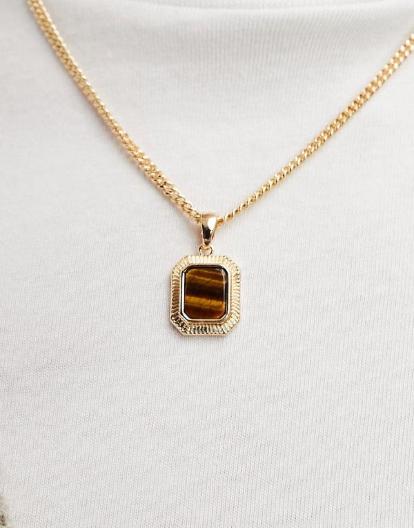ASOS DESIGN necklace with square semi-precious tiger's eye stone pendant in gold tone