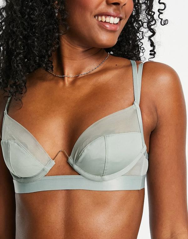 ASOS DESIGN Nik microfibre and mesh bra with gold exposed wire in mint green