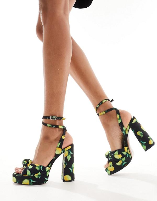 ASOS DESIGN Nikita knotted platform block heeled sandals in fruit print-Multi