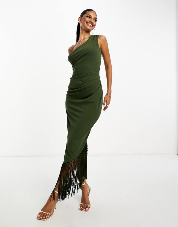 ASOS DESIGN one shoulder draped fringe trim midi dress in dark green-Copper