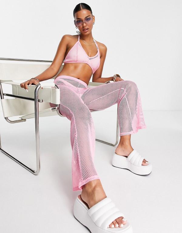 ASOS DESIGN open knit beach flare pants in pink (part of a set)