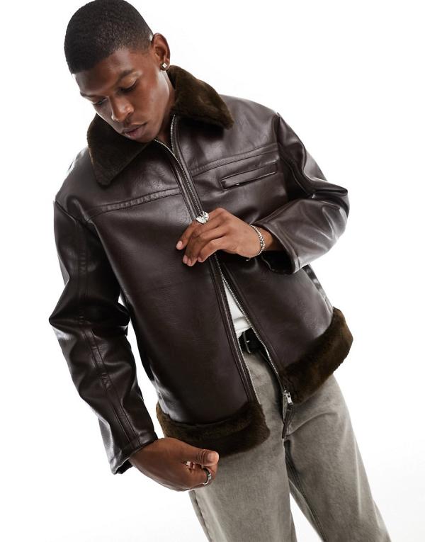 ASOS DESIGN oversized aviator jacket in dark brown with borg collar-Black