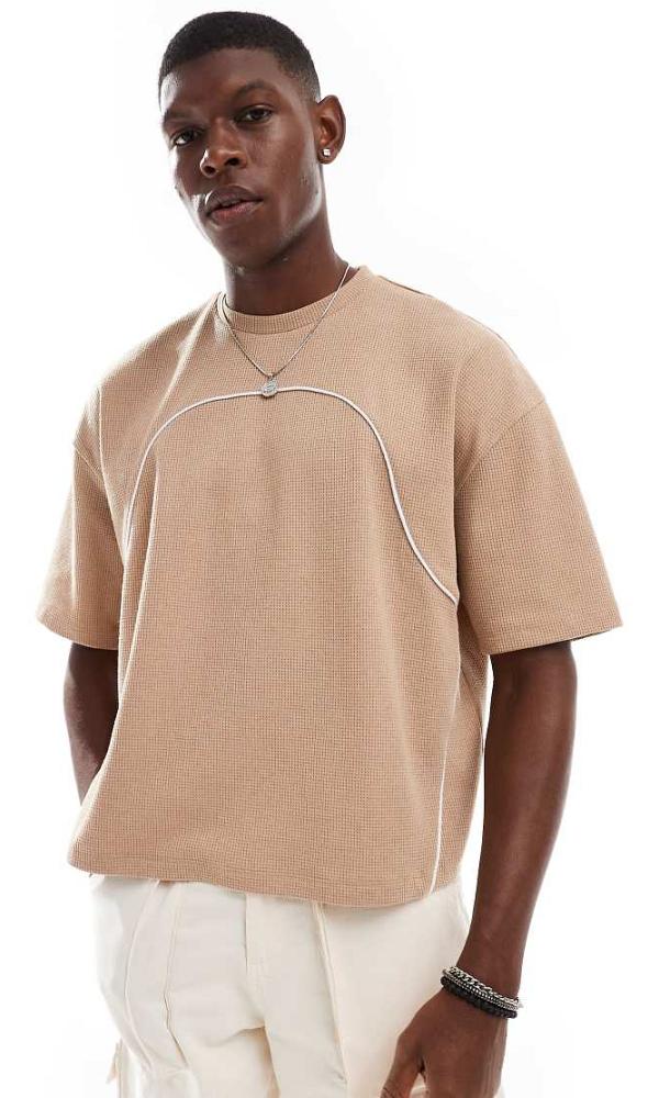 ASOS DESIGN oversized boxy t-shirt in waffle with piping in beige-Neutral