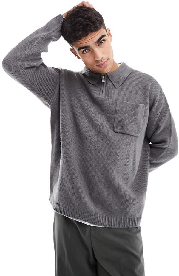 ASOS DESIGN oversized compact knit smart half zip jumper in charcoal-Grey