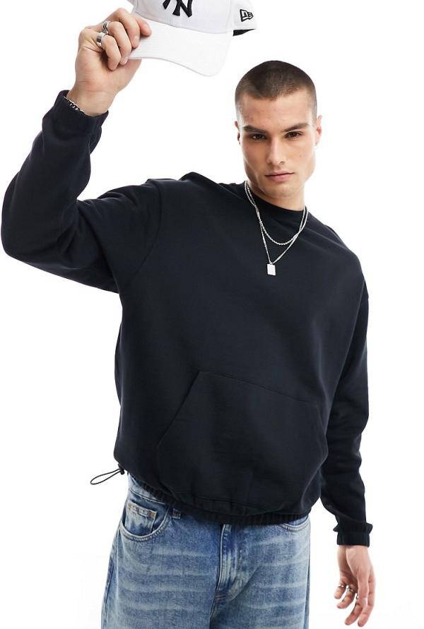 ASOS DESIGN oversized crew neck sweatshirt with toggle detail in black