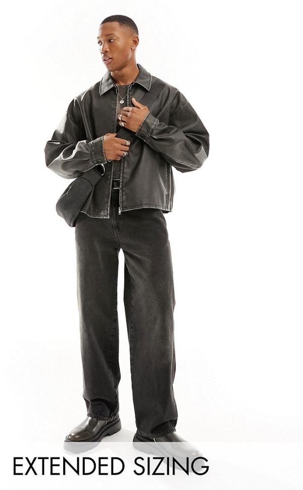 ASOS DESIGN oversized faux leather coach jacket in black wash