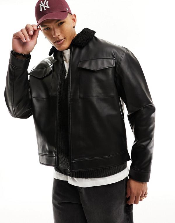 ASOS DESIGN oversized faux leather harrington jacket in black with borg collar
