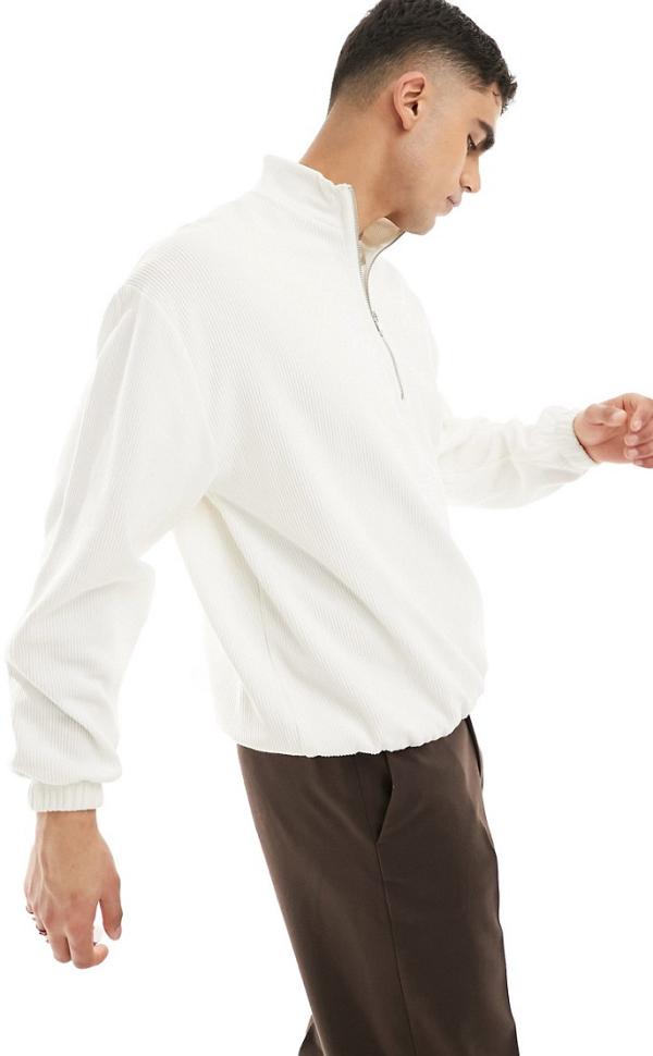 ASOS DESIGN oversized half zip sweatshirt in ribbed fabric in soft white