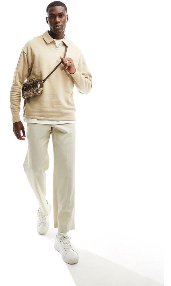ASOS DESIGN oversized half zip sweatshirt with collar neck in beige-Neutral