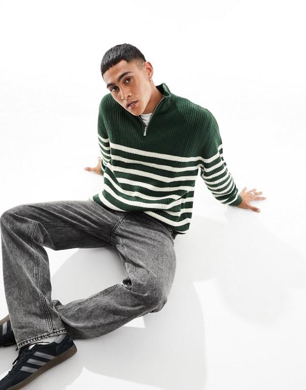 ASOS DESIGN oversized knitted fisherman rib 1/4 jumper in green and white stripe