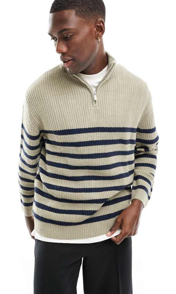 ASOS DESIGN oversized knitted fisherman rib 1/4 zip jumper in stone and navy stripe-Neutral