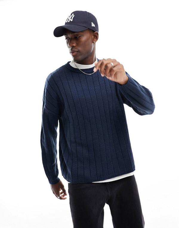ASOS DESIGN oversized knitted wide ribbed crew neck jumper in navy