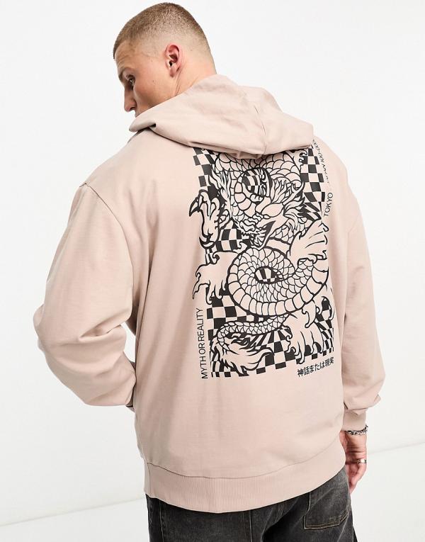 ASOS DESIGN oversized lightweight hoodie in beige with dragon back and text front print-Brown
