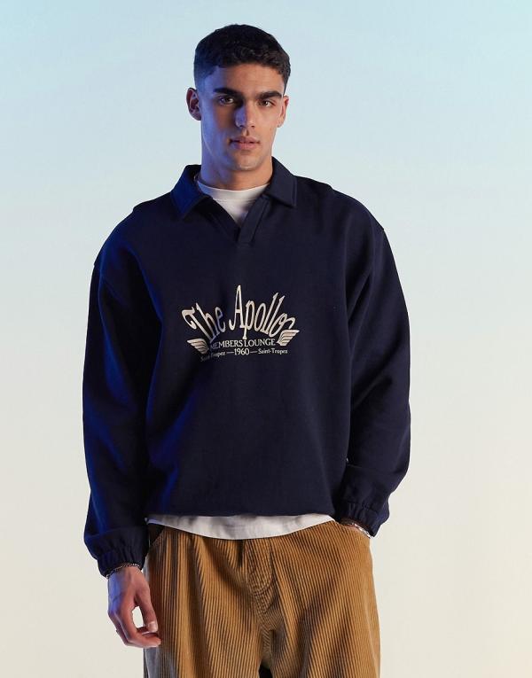 ASOS DESIGN oversized polo sweatshirt in navy with front text print