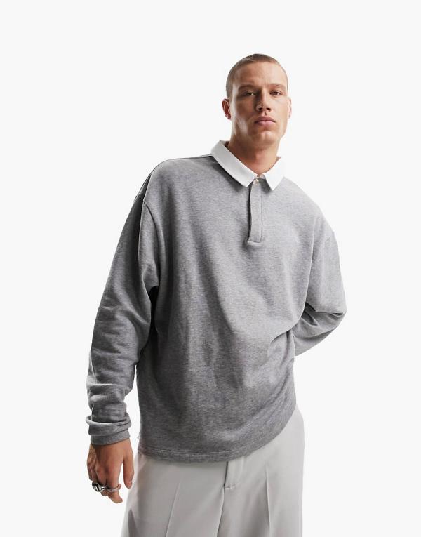 ASOS DESIGN oversized rugby polo sweatshirt in grey marle
