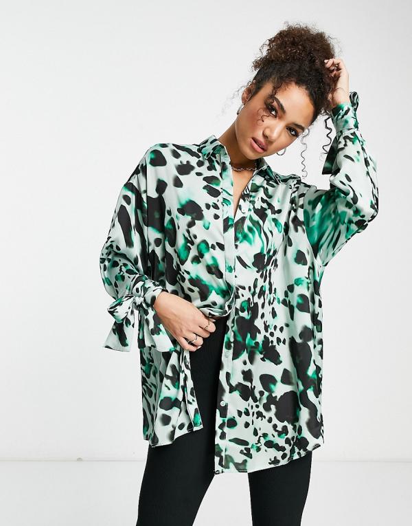 ASOS DESIGN oversized satin shirt with tie cuff detail in blurred green leopard print-Multi