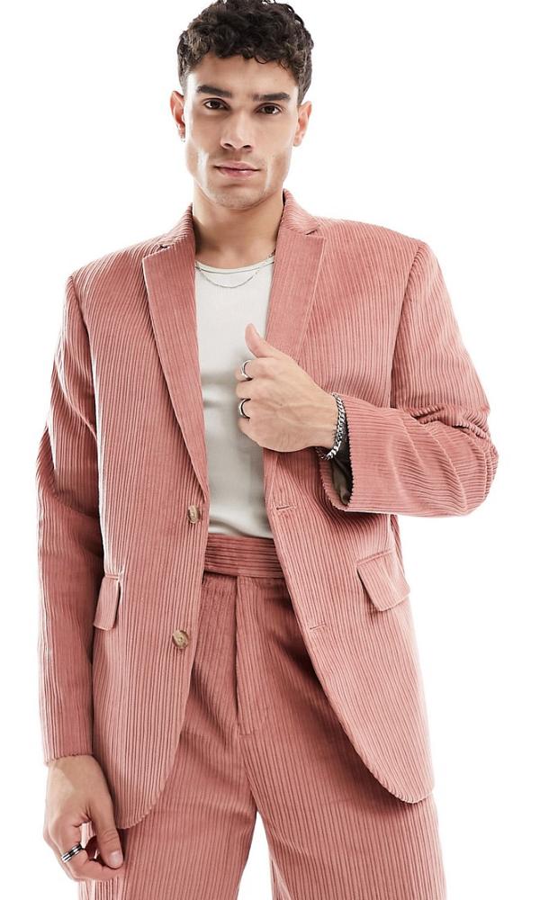 ASOS DESIGN oversized suit jacket in coral pink cord-Orange