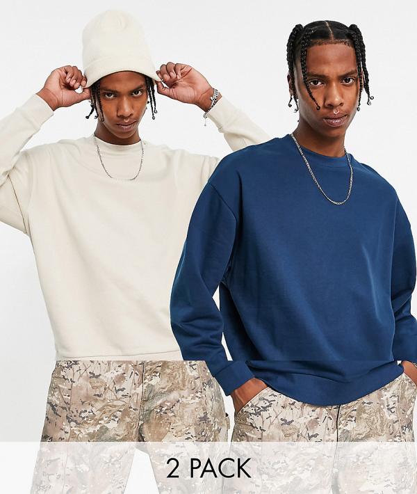 ASOS DESIGN oversized sweatshirt in navy/beige 2 pack-Multi