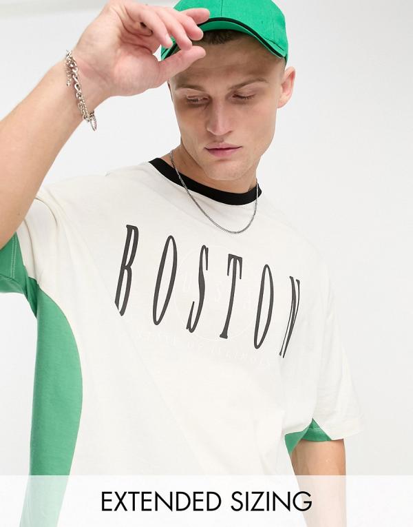ASOS DESIGN oversized t-shirt in beige with green colour block panels & Boston print-Neutral