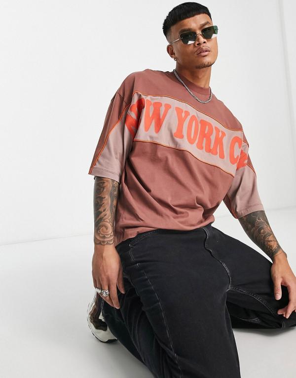 ASOS DESIGN oversized t-shirt in brown colour-block with New York city print