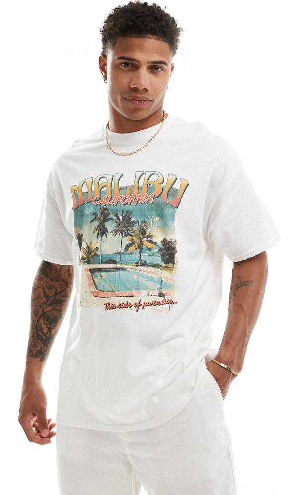 ASOS DESIGN oversized t-shirt in white with Malibu front print