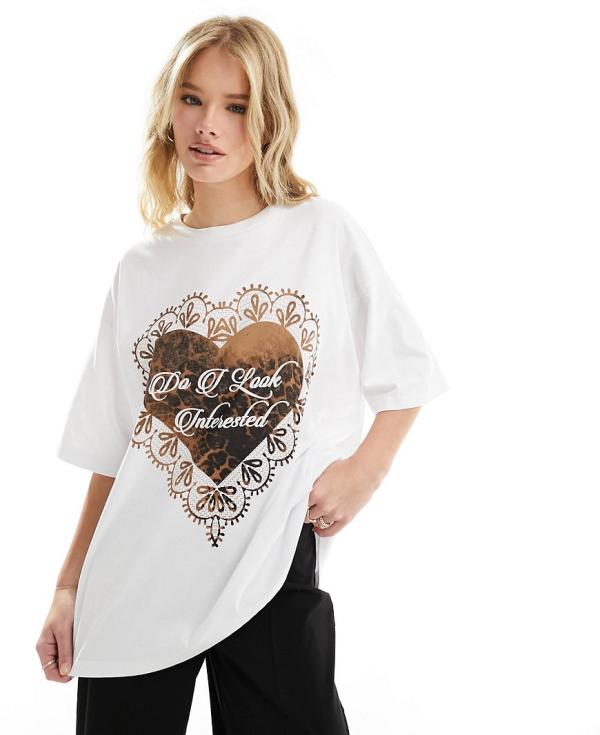 ASOS DESIGN oversized t-shirt with leopard doily slogan graphic in white-Pink