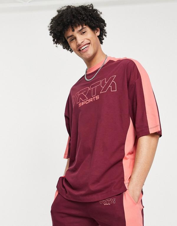 ASOS DESIGN oversized t-shirt with varsity print in burgundy and pink colour block (part of a set)-Red