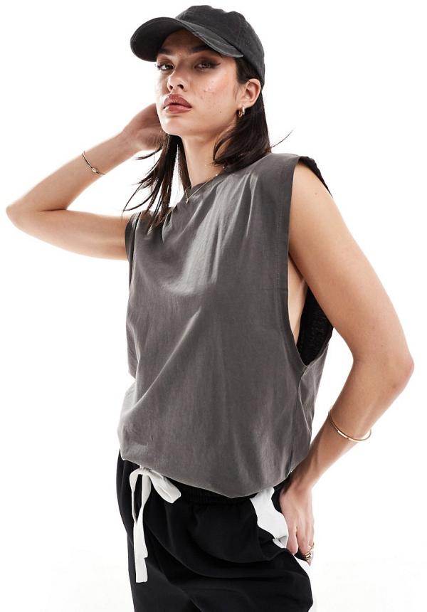 ASOS DESIGN oversized tank with drop arm hole in washed charcoal-Grey