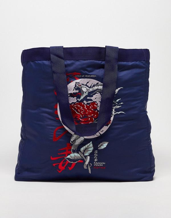 ASOS DESIGN oversized tote bag in navy with dragon embroidery-Blue