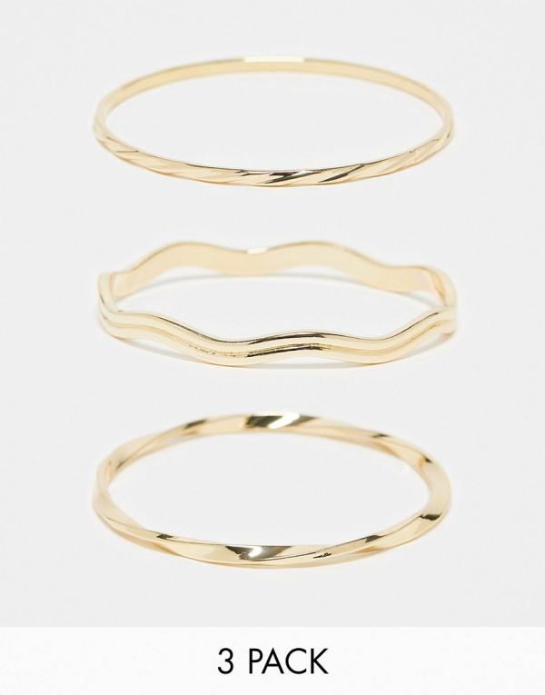 ASOS DESIGN pack of 3 bangle bracelets with mixed design in gold tone