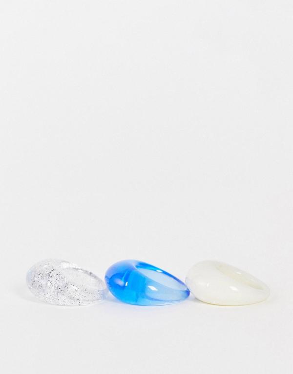 ASOS DESIGN pack of 3 domed rings in blue cream and glitter-Multi