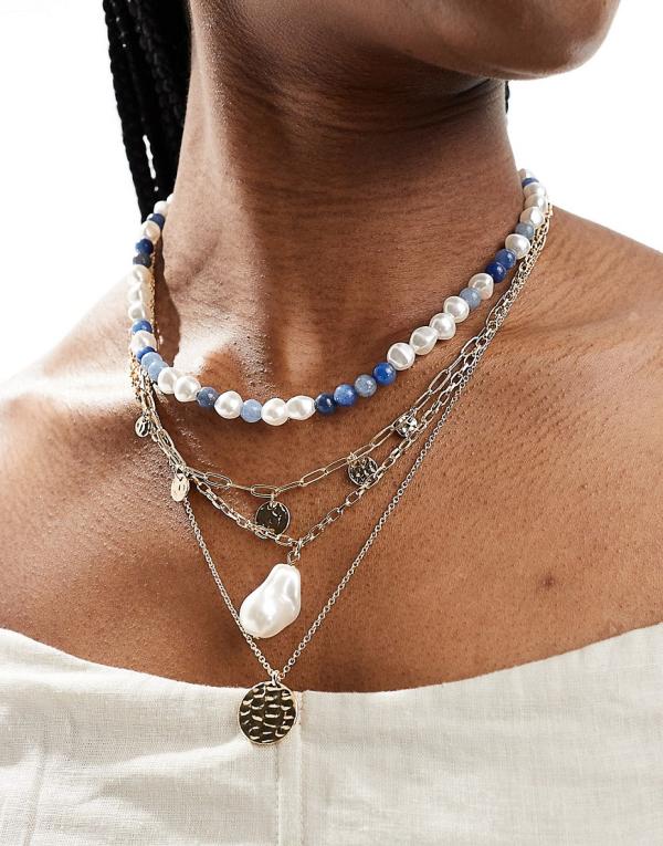 ASOS DESIGN pack of 4 necklaces with faux pearl and blue semi precious style beads-Multi