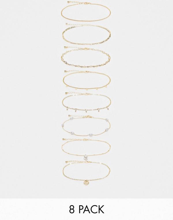 ASOS DESIGN pack of 8 anklets with mixed chain and faux pearl design in gold tone