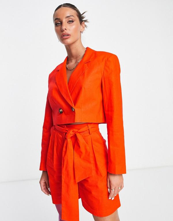 ASOS DESIGN paperbag waist suit shorts with linen in flame-Red