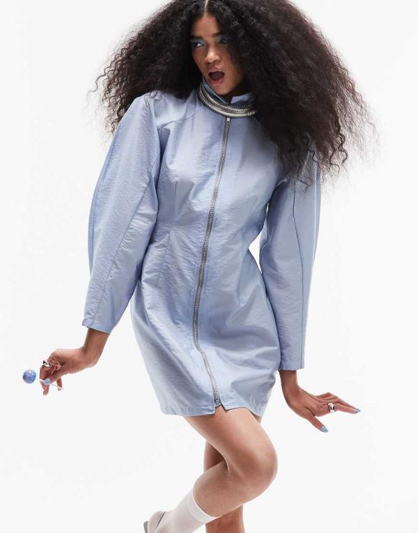 ASOS DESIGN parachute mini zip through shirt dress in air force blue