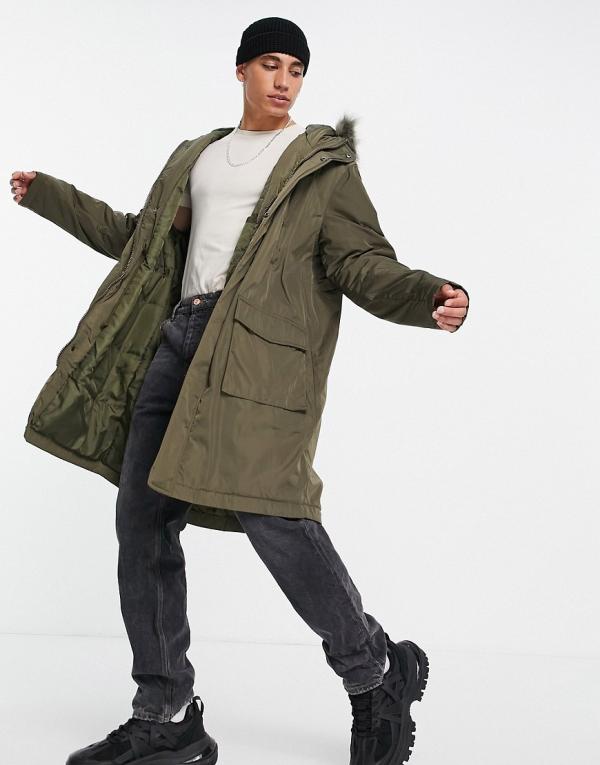 ASOS DESIGN parka jacket in green with faux fur trim hood