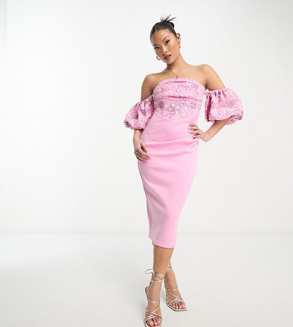 ASOS DESIGN Petite bardot puff sleeve midi dress with floral sequin embellishment in pink