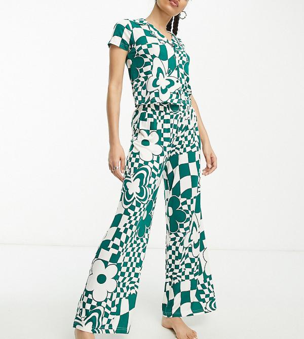 ASOS DESIGN Petite exclusive viscose floral checkerboard shirt & pants pyjama set in green