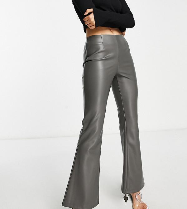 ASOS DESIGN Petite flare faux leather pants in grey-Green