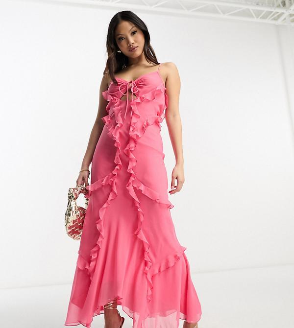 ASOS DESIGN Petite halter ruffle maxi dress with cut out detail in pink