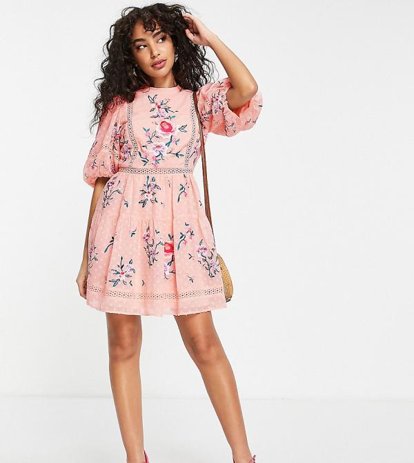 ASOS DESIGN Petite high neck dobby embroidered mini dress with lace trims in pink