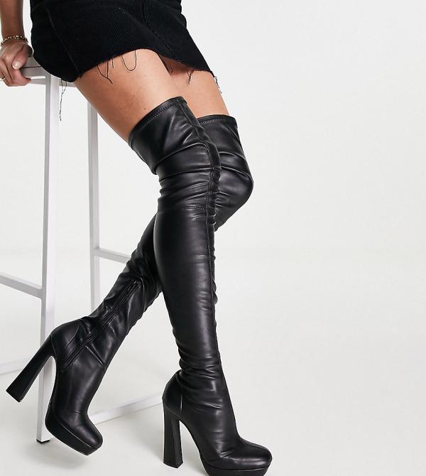 ASOS DESIGN Petite Kira high heeled platform over the knee boots in black