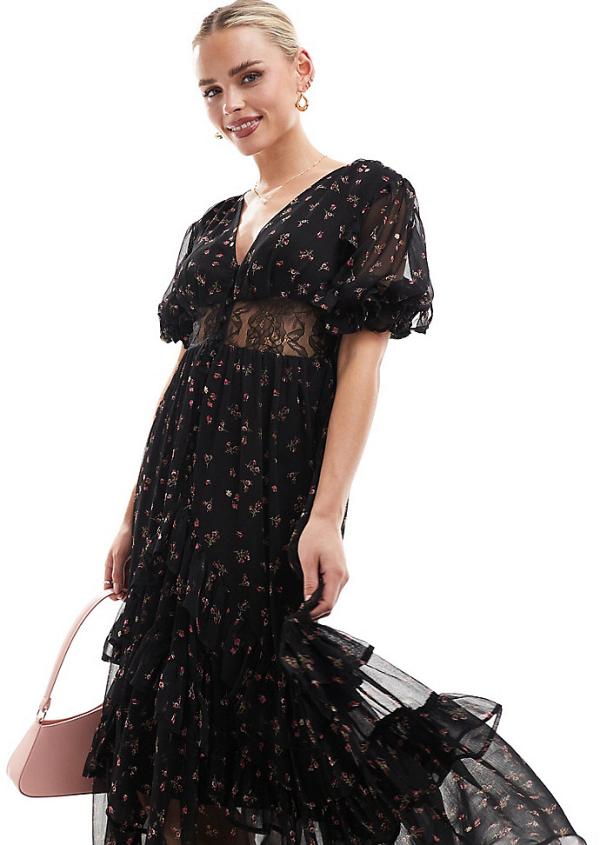 ASOS DESIGN Petite lace cut out button through ruffle hem midi dress in black floral print-Multi