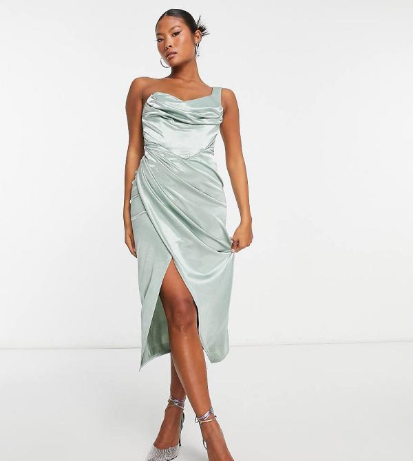 ASOS DESIGN Petite one shoulder satin drape corset detail midi dress in dark sage-Green