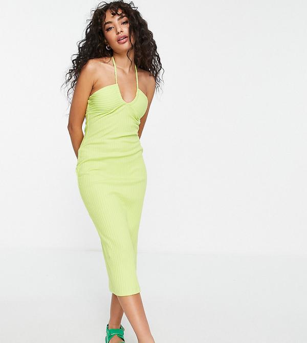 ASOS DESIGN Petite ribbed midi dress with halterneck tie detail dress in lime-Green