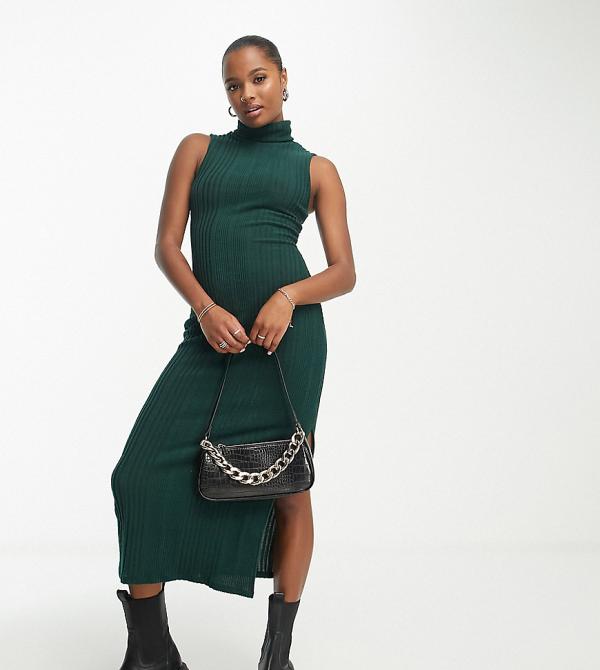 ASOS DESIGN Petite roll neck sleeveless midi dress in supersoft rib in bottle green