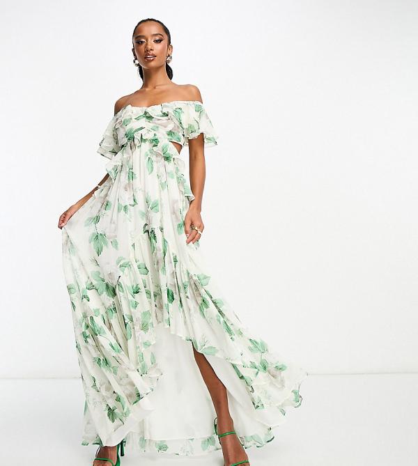 ASOS DESIGN Petite ruffle cut out off the shoulder maxi dress with hi low hem in stone floral print-Multi